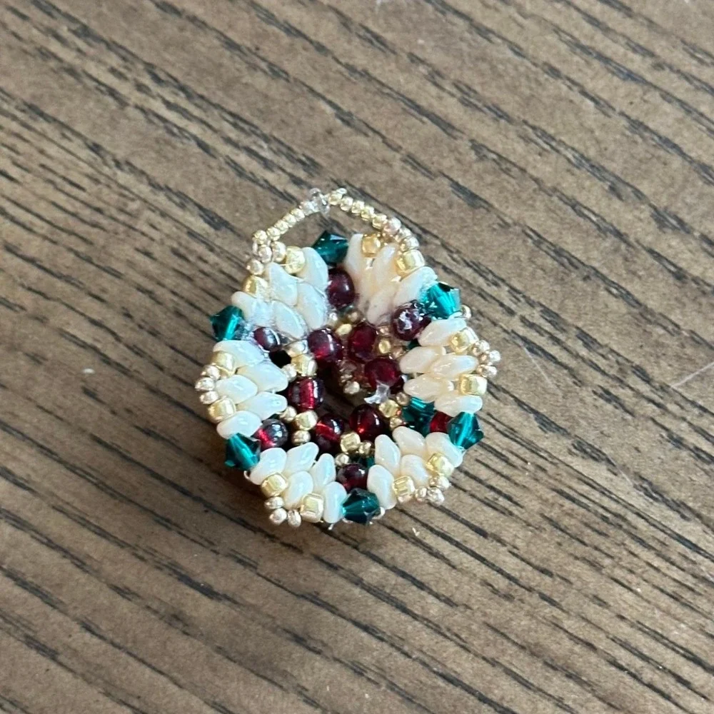 Handmade Beaded Christmas Wreath Ornament Green Red White 1.5 Inch Holiday Decor